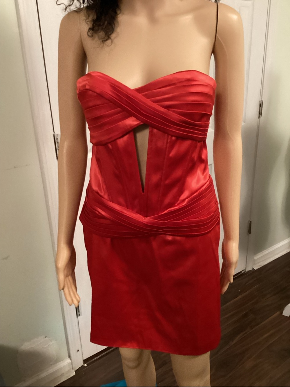 AKIRA Red Strapless Satin Cocktail Dress with Front V Cutout